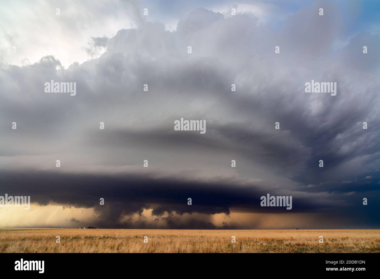 Ominous clouds from an approaching supercell storm over a field in Kansas Stock Photo