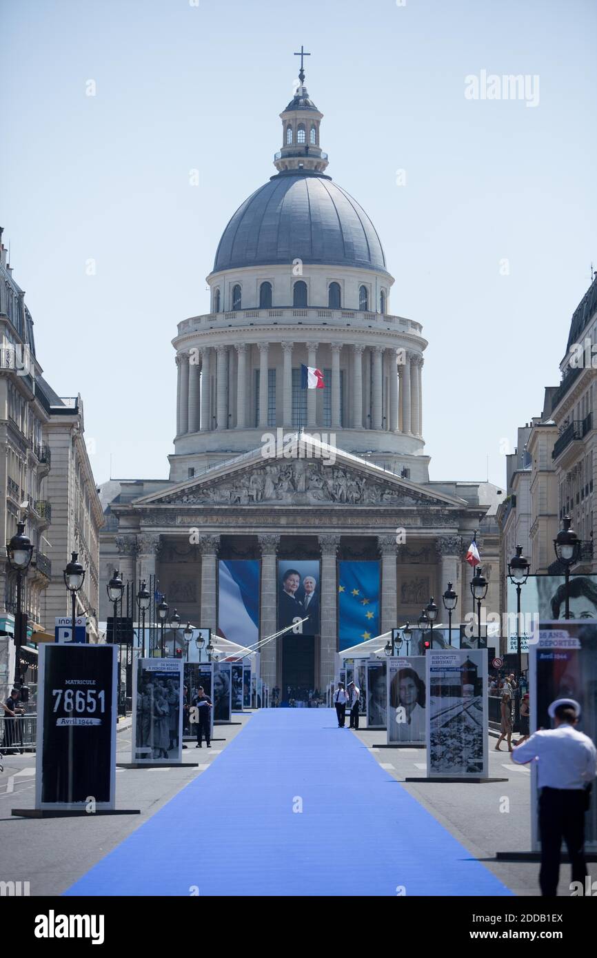 Ceremony entering former Minister of Health Simone Veil and her Husband Antoine into the hall of fame Pantheon. The Ceremony comes one year after Veilâ€™s Death. French President Emmanuel Macron is scheduled to deliver a speech after a procession bringing the coffins up the rue Soufflot and to the resting place in Paris, France on july 1, 2018. Photo by Raphaël Lafargue/ABACAPRESS.COM Stock Photo
