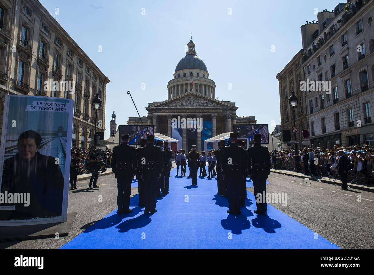 Ceremony entering former Minister of Health Simone Veil and her Husband Antoine into the hall of fame Pantheon. The Ceremony comes one year after Veil’s Death. French President Emmanuel Macron is scheduled to deliver a speech after a procession bringing the coffins up the rue Soufflot and to the resting place in Paris, France on july 1, 2018. Photo by Eliot Blondet /ABACAPRESS.COM Stock Photo