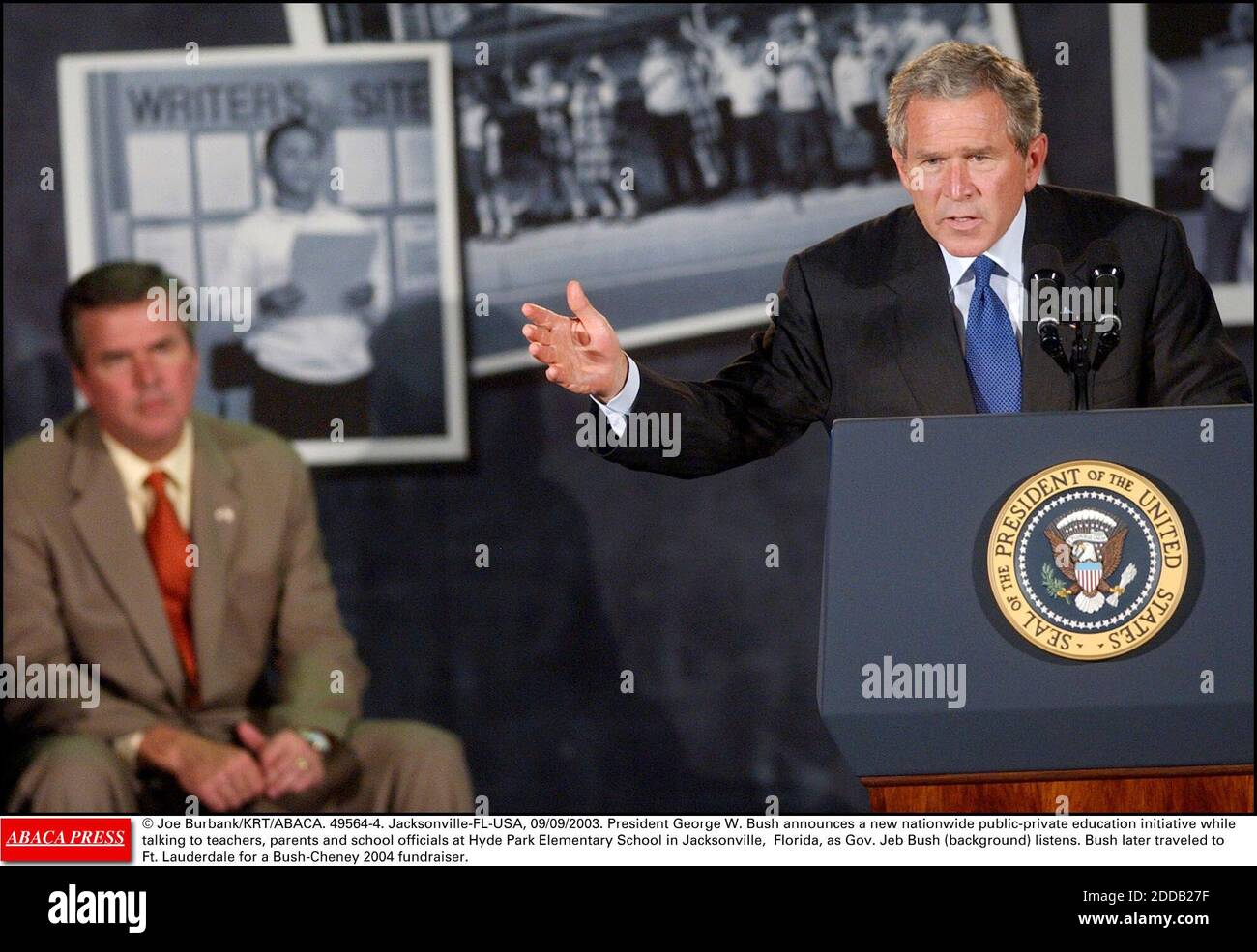 NO FILM, NO VIDEO, NO TV, NO DOCUMENTARY - File photo : © Joe Burbank/KRT/ABACA. 49564-4. Jacksonville-FL-USA, 09/09/2003. President George W. Bush announces a new nationwide public-private education initiative while talking to teachers, parents and school officials at Hyde Park Elementary School in Jacksonvil Appearing before a raucous rally in front of thousands of supporters here Monday afternoon, former Florida governor Jeb Bush showed he is a force to be reckoned with in the presidential election as he officially launched his campaign. Stock Photo