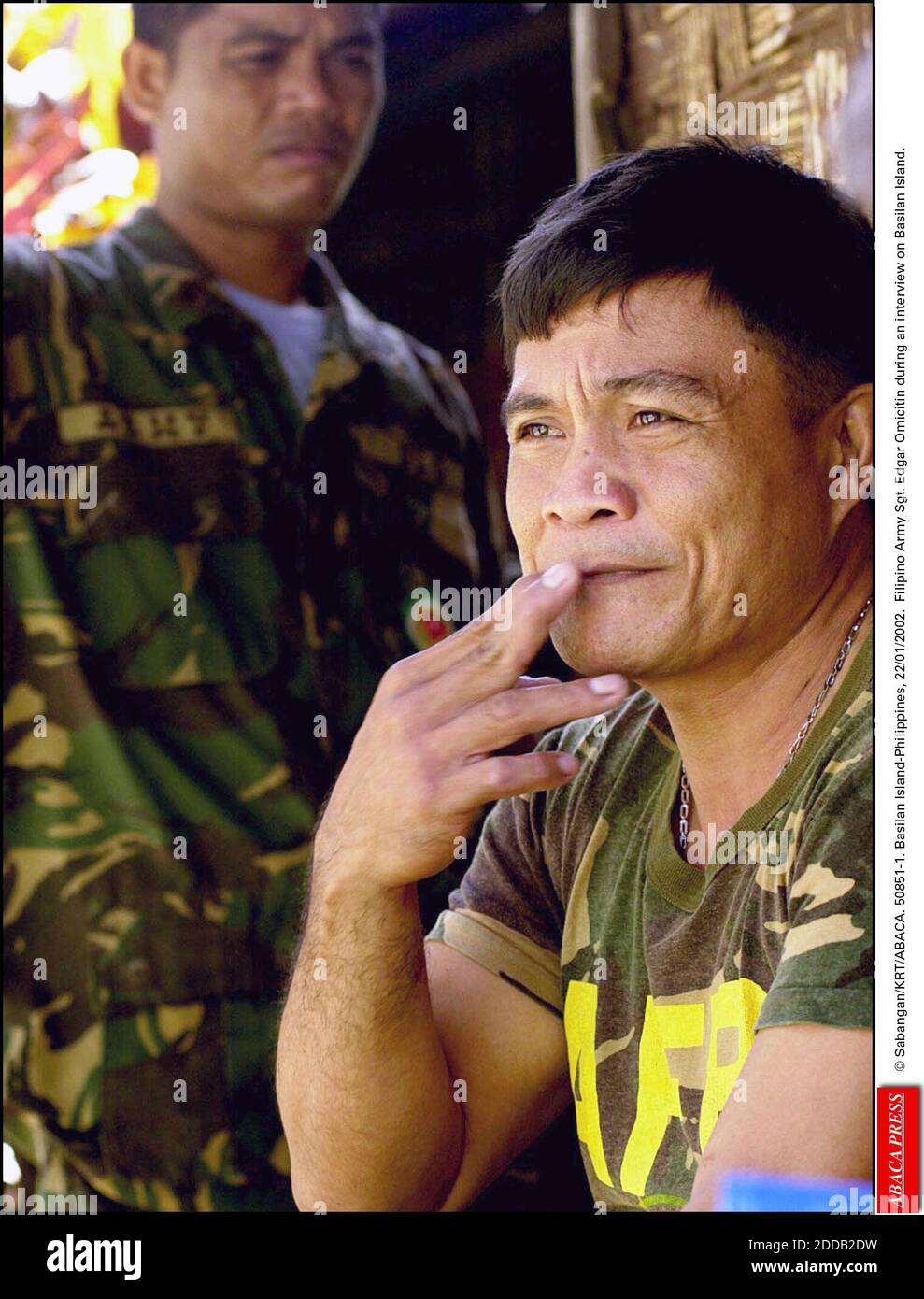 NO FILM, NO VIDEO, NO TV, NO DOCUMENTARY - © Sabangan/KRT/ABACA. 50851-1. Basilan Island-Philippines, 22/01/2002. Filipino Army Sgt. Edgar Omicitin during an interview on Basilan Island. Stock Photo
