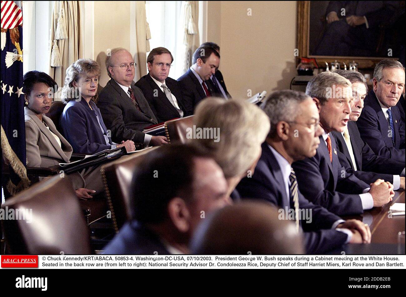 NO FILM, NO VIDEO, NO TV, NO DOCUMENTARY - © Chuck Kennedy/KRT/ABACA. 50853-4. Washington-DC-USA, 07/10/2003. President George W. Bush speaks during a Cabinet meeting the White House. Seated in the back row are (from left to right): National Security Advisor Dr. Condoleezza Rice, Deputy Chief of S Stock Photo