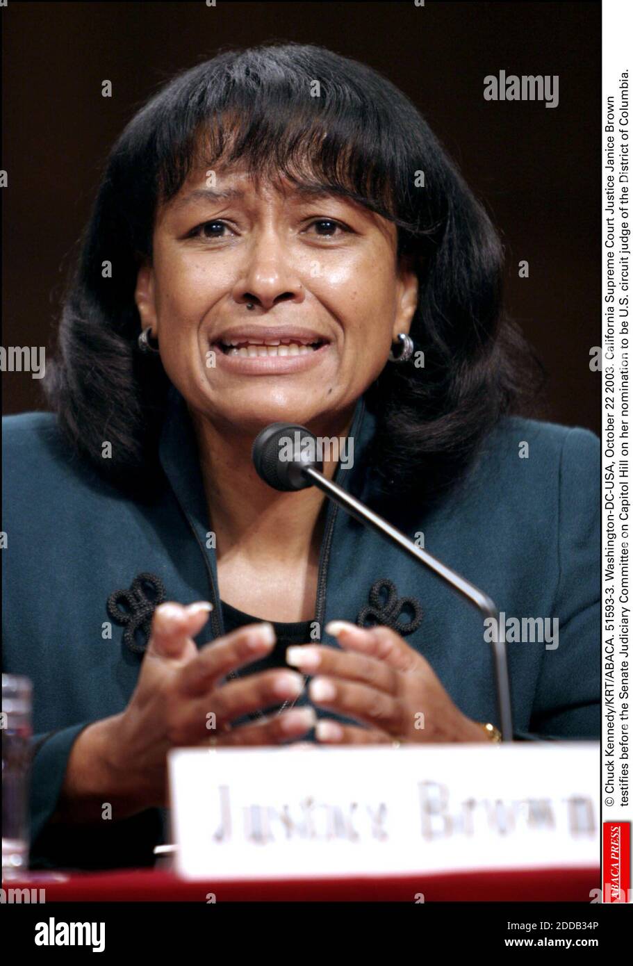 NO FILM, NO VIDEO, NO TV, NO DOCUMENTARY - © Chuck Kennedy/KRT/ABACA. 51593-3. Washington-DC-USA, October 22 2003. California Supreme Court Justice Janice Brown testifies before the Senate Judiciary Committee on Capitol Hill on her nomination to be U.S. circuit judge of the District of Columbia. Stock Photo