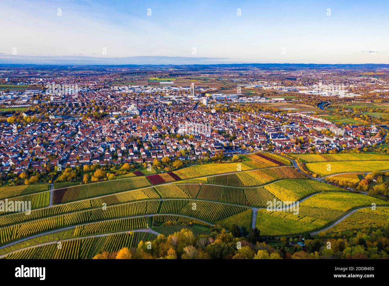 Germany, Baden-Wurttemberg, Stuttgart, Aerial view of vast vineyards in front of countryside town in autumn Stock Photo