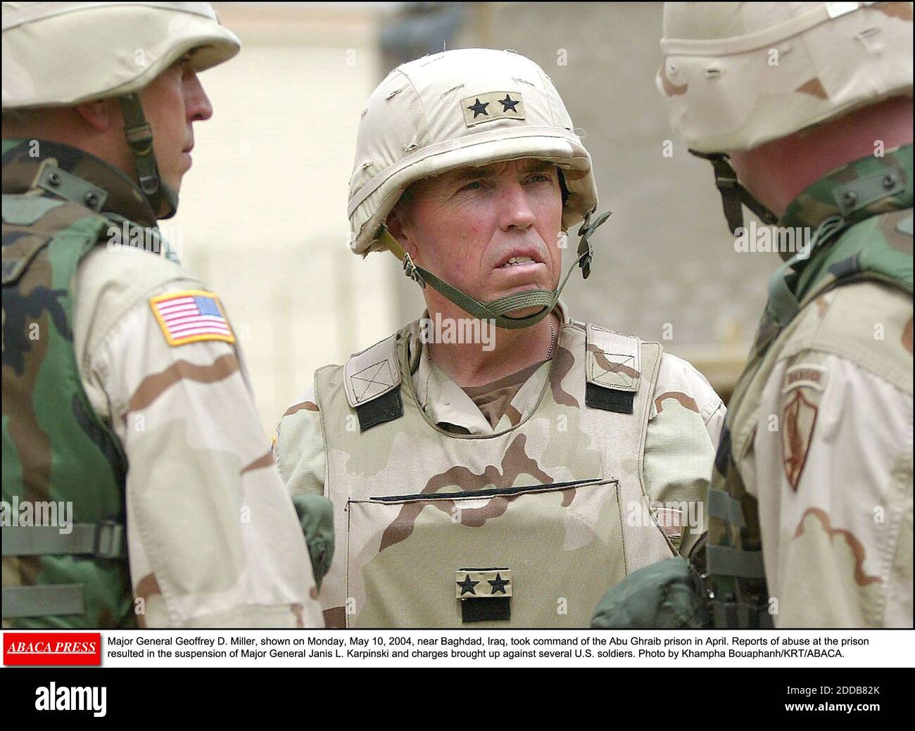 NO FILM, NO VIDEO, NO TV, NO DOCUMENTARY - Major General Geoffrey D. Miller, shown on Monday, May 10, 2004, near Baghdad, Iraq, took command of the Abu Ghraib prison in April. Reports of abuse at the prison resulted in the suspension of Major General Janis L. Karpinski and charges brought up against several U.S. soldiers. Photo by Khampha Bouaphanh/KRT/ABACA. Stock Photo