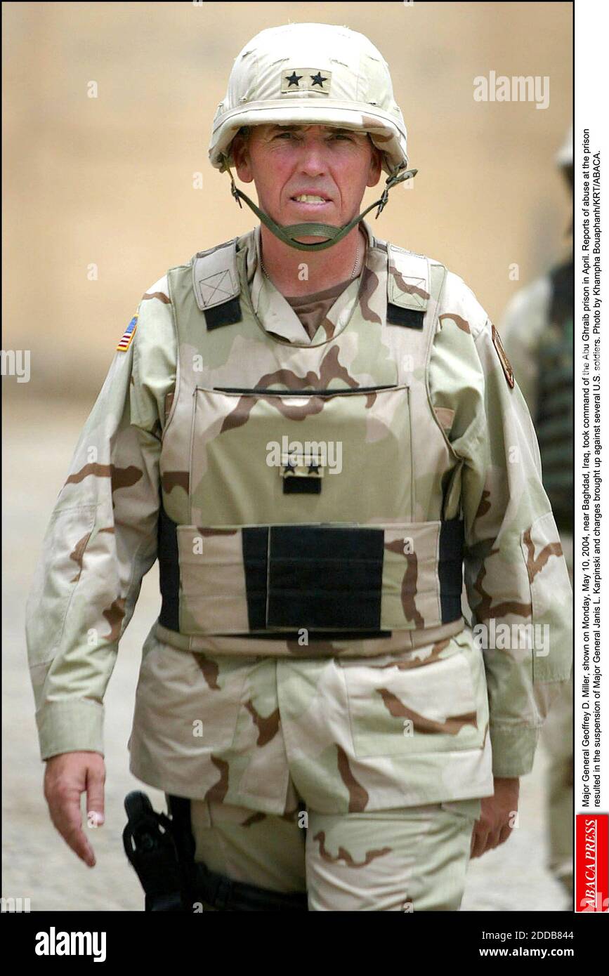 NO FILM, NO VIDEO, NO TV, NO DOCUMENTARY - Major General Geoffrey D. Miller, shown on Monday, May 10, 2004, near Baghdad, Iraq, took command of the Abu Ghraib prison in April. Reports of abuse at the prison resulted in the suspension of Major General Janis L. Karpinski and charges brought up against several U.S. soldiers. Photo by Khampha Bouaphanh/KRT/ABACA. Stock Photo