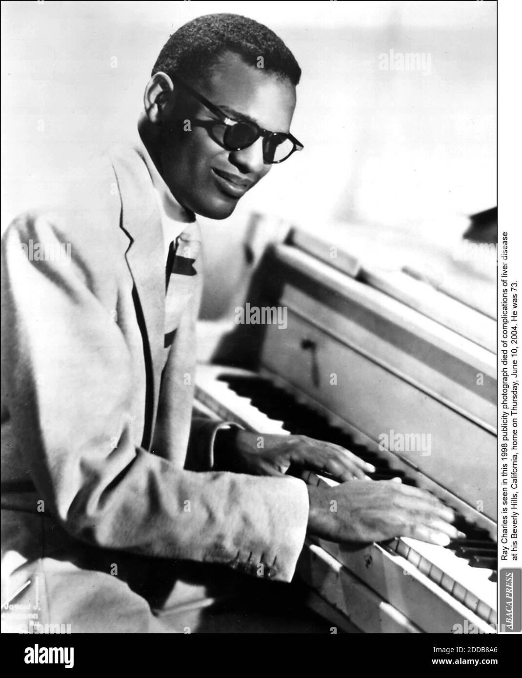 NO FILM, NO VIDEO, NO TV, NO DOCUMENTARY - Ray Charles is seen in this 1998 publicity photograph died of complications of liver disease at his Beverly Hills, California, home on Thursday, June 10, 2004. He was 73. Photo by KRT/ABACA. Stock Photo