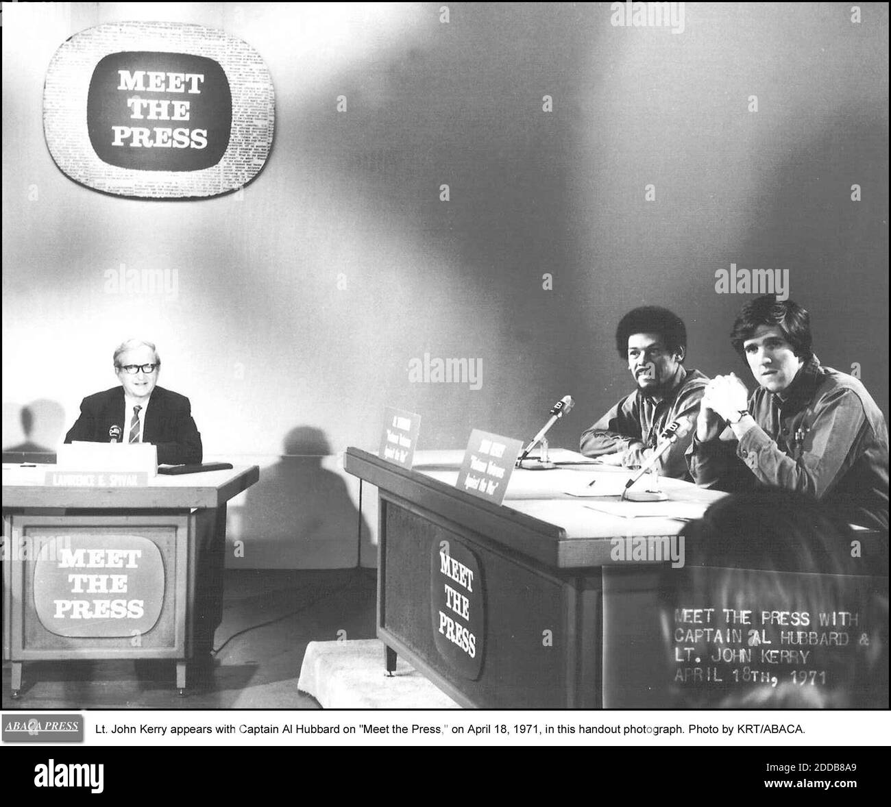 NO FILM, NO VIDEO, NO TV, NO DOCUMENTARY - Lt. John Kerry appears with Captain Al Hubbard on -Meet the Press,- on April 18, 1971, in this handout photograph. Photo by KRT/ABACA. Stock Photo