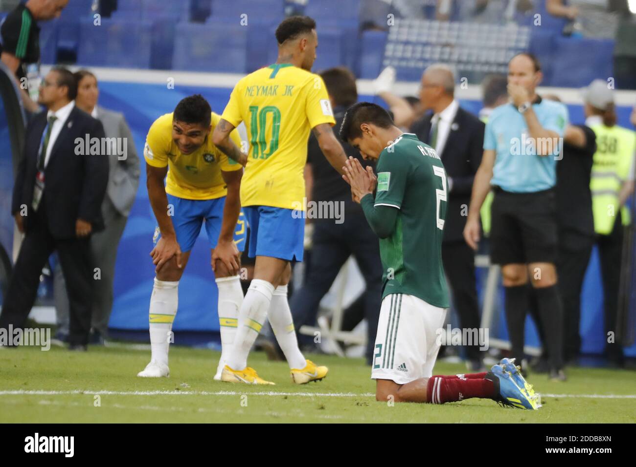 Mexico's Hugo Ayala deception while Neymar in the background was named man of the match during the 2018 FIFA World Cup Russia game 1/8 final game, Brasil vs Mexico in Samara Stadium, Samara, Russia on July 2nd, 2018. Brasil won 2-0. Photo by Henri Szwarc/ABACAPRESS.COM Stock Photo