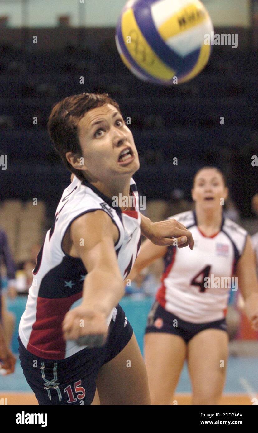 NO FILM, NO VIDEO, NO TV, NO DOCUMENTARY - Logan Tom tries to save a side out for the United States Olympic Volleyball team during Women's Volleyball Preliminary Round at Peace & Friendship Stadium Wednesday. The US women were upset by the Dominican Republic team Wednesday 3-2. Photo by Karl Mondo Stock Photo