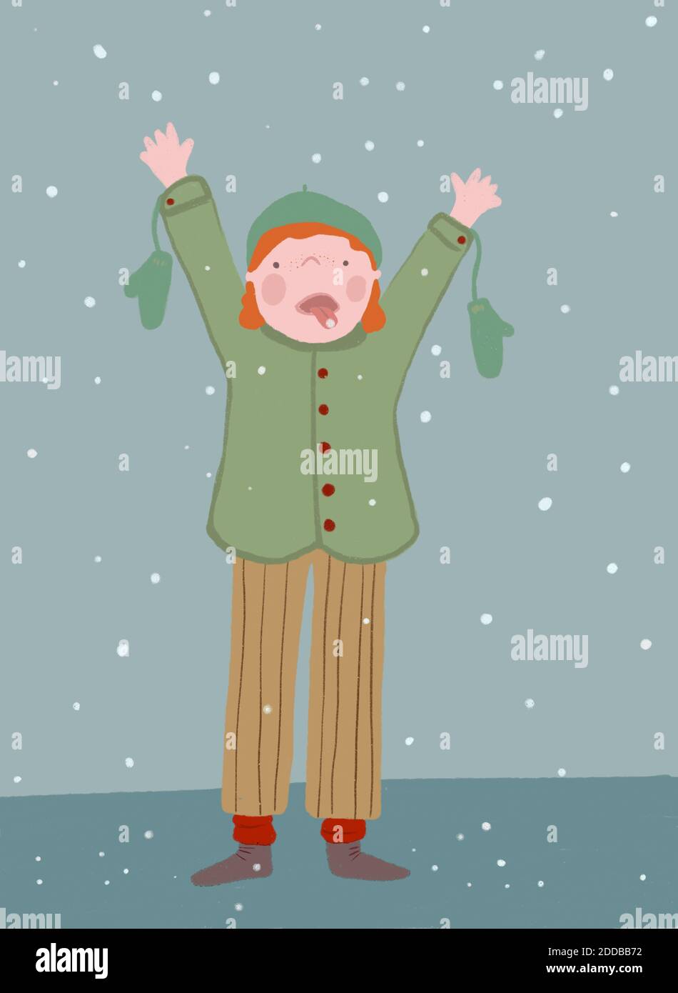 Clip art of boy catching snowflakes in winter Stock Photo