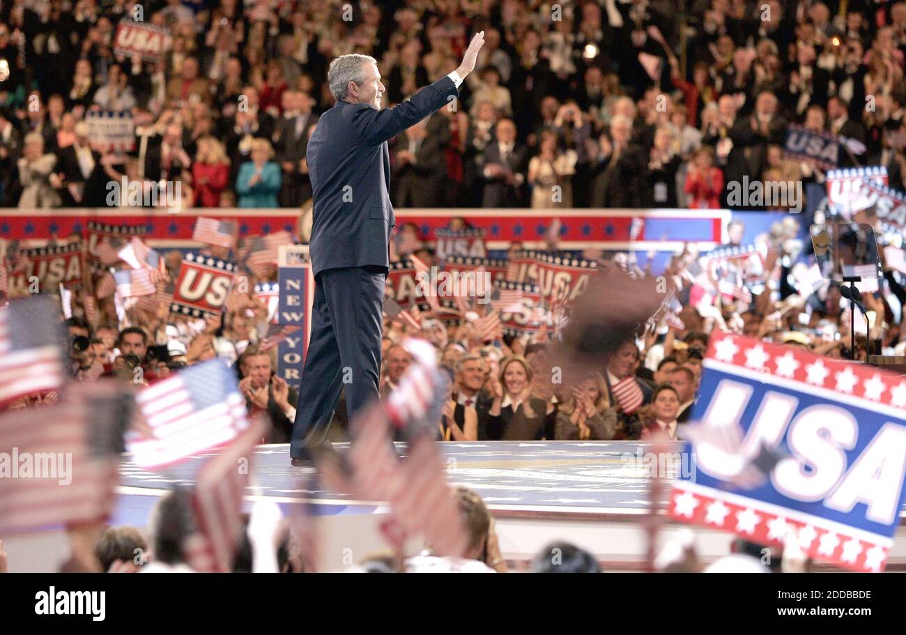 NO FILM, NO VIDEO, NO TV, NO DOCUMENTARY - United States President George W. Bush waves to the delegates as he takes the stage on the final day of the 2004 Republican National Convention at Madison Square Garden in New York, on Thursday, September 2, 2004. Photo by Chuck Kennedy/KRT/ABACA. Stock Photo