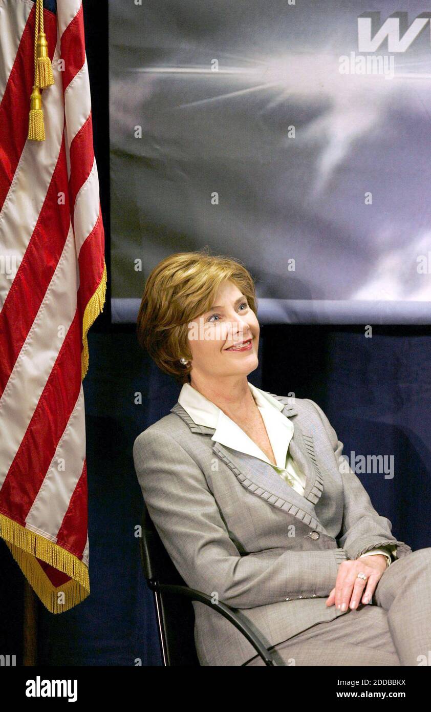 NO FILM, NO VIDEO, NO TV, NO DOCUMENTARY - First lady Laura Bush listens to her introduction in Cleveland, Ohio, on Tuesday, September 14, 2004, as she campaigns for the Bush-Cheney Republican ticket. Photo by Lew Stamp/Akron Beacon Journal/KRT/ABACA. Stock Photo