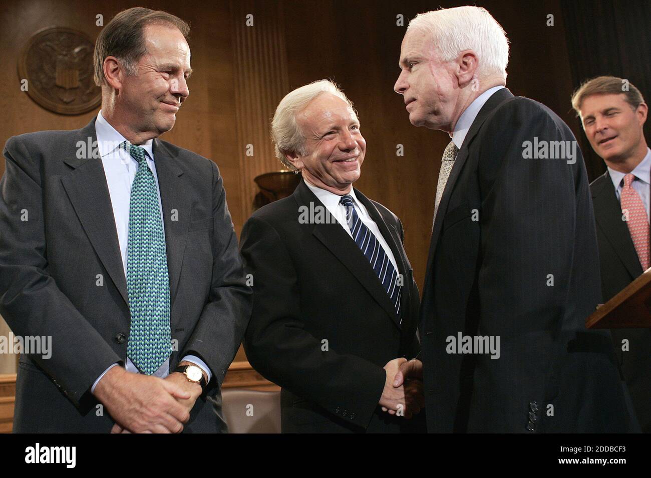 NO FILM, NO VIDEO, NO TV, NO DOCUMENTARY - Thomas Kean, Sen. Joseph Lieberman, D-Conn.; Sen. John McCain, R-Ariz., speak following a press conference to announce the introduction of legislation to implement all the recommendations of the 9/11 Commission. Photo by Chuck Kennedy/KRT/ABACA Stock Photo