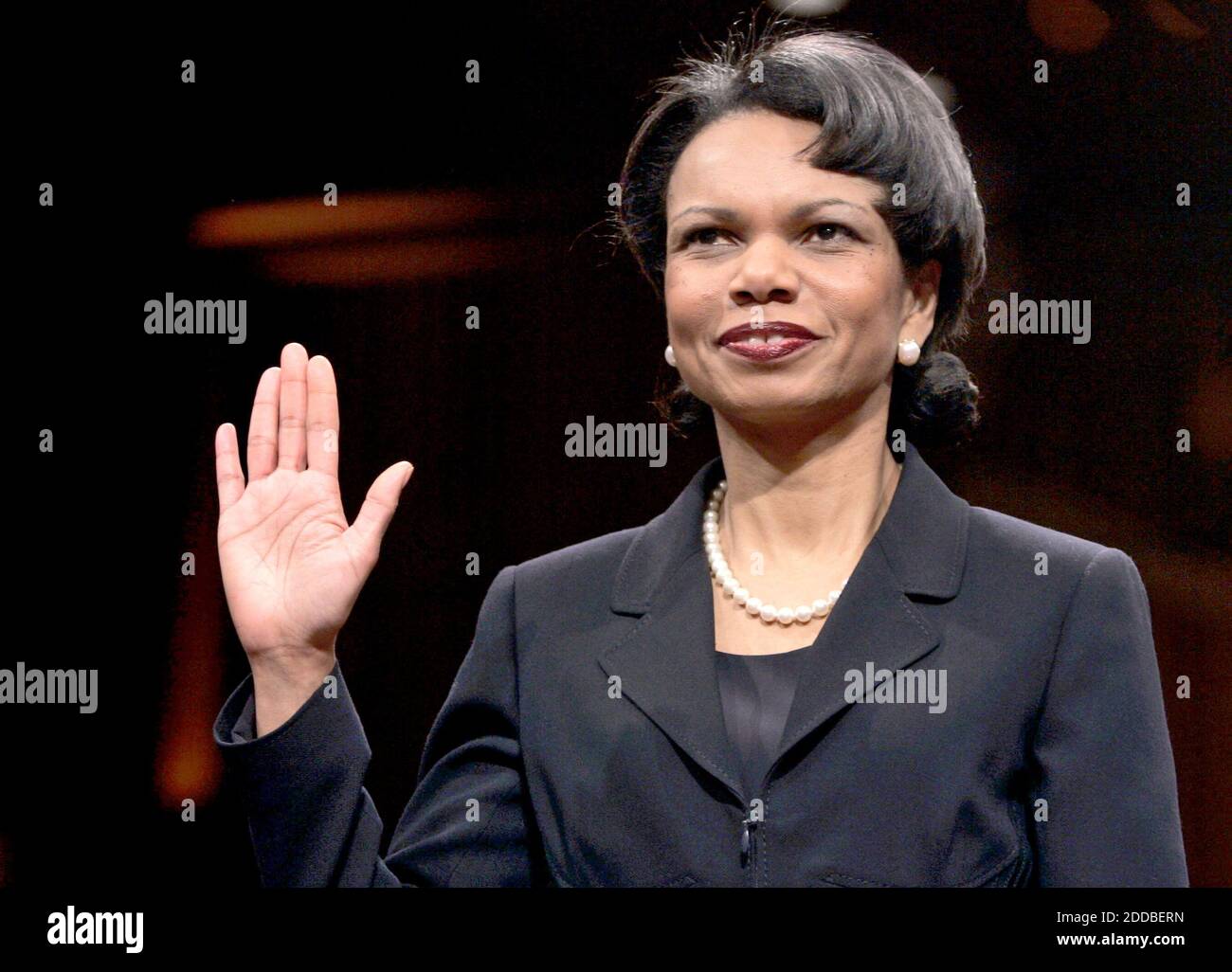 NO FILM, NO VIDEO, NO TV, NO DOCUMENTARY - Condoleezza Rice is sworn in before the Senate Foreign Relations Committee before her confirmation hearing at the Capitol in Washington DC, USA, on Tuesday, January 18, 2005, on her nomination by President George W. Bush to succeed Colin Powell as the Secretary of State. Photo by Chuck Kennedy/KRT/ABACA. Stock Photo
