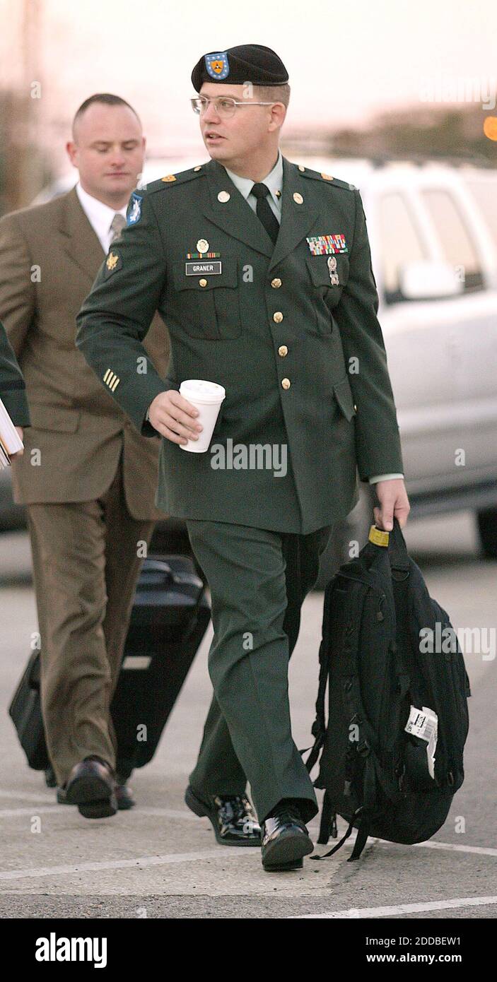 NO FILM, NO VIDEO, NO TV, NO DOCUMENTARY - Specialist Charles A. Graner approaches the court building for closing arguments in Graner's court martial on Friday morning, January 14, 2005. Army Specialist Charles A. Graner, Jr. faces a court martial in Ft. Hood, Texas, for his involvement in the Abu-Ghraib prisoner abuse scandal in Iraq. Photo by Ralph Lauer/Fort Worth Star Telegramme/KRT/ABACA. Stock Photo