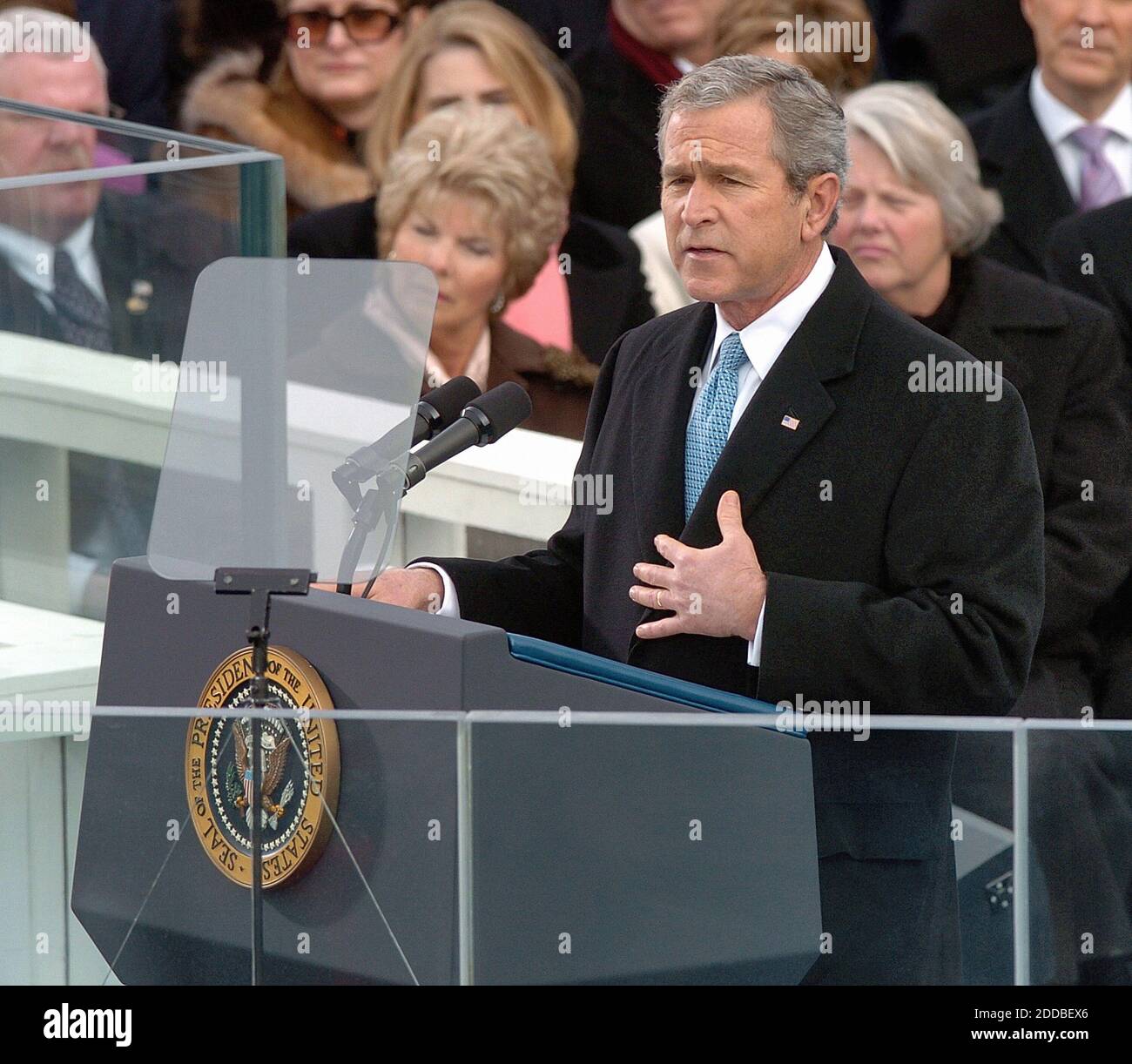 NO FILM, NO VIDEO, NO TV, NO DOCUMENTARY - U.S. President George W. Bush gives his Inauguration Day speech, during the presidential Inauguration ceremony on the steps of the U.S. Capitol, in Washington, DC, USA, on January 20, 2005. Photo by George Bridges/US News Story Slugged/KRT/ABACA. Stock Photo