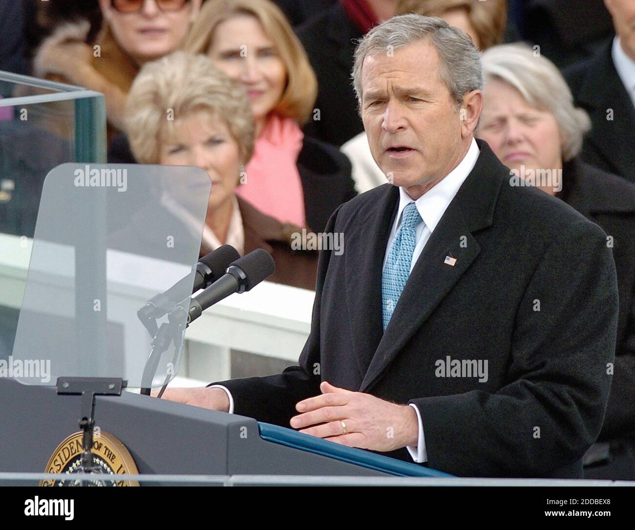 NO FILM, NO VIDEO, NO TV, NO DOCUMENTARY - U.S. President George W. Bush gives his Inauguration Day speech, during the presidential Inauguration ceremony on the steps of the U.S. Capitol, in Washington, DC, USA, on January 20, 2005. Photo by George Bridges/US News Story Slugged/KRT/ABACA. Stock Photo