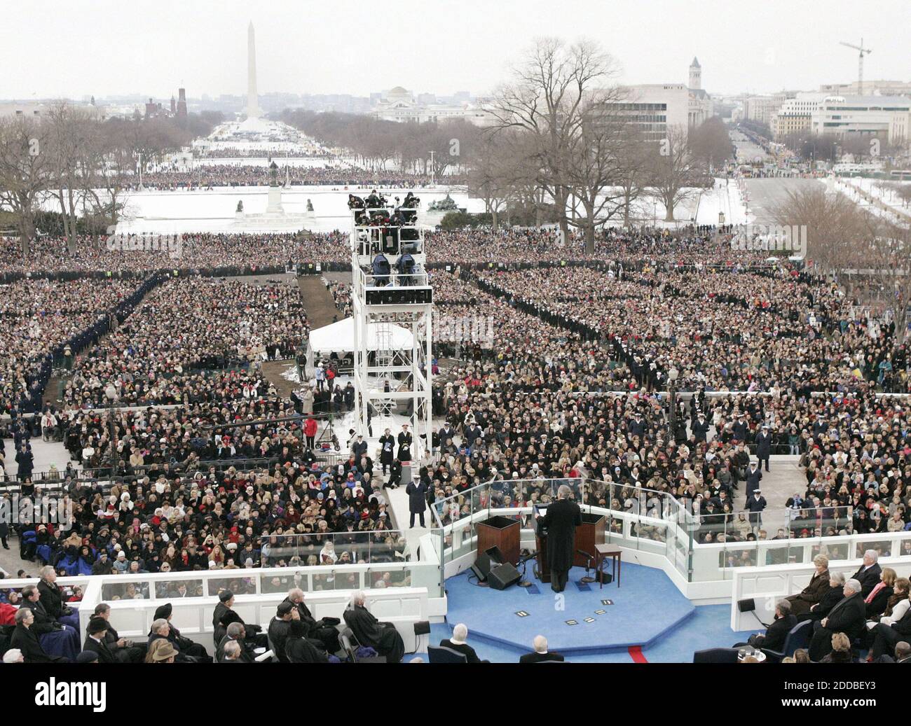 NO FILM, NO VIDEO, NO TV, NO DOCUMENTARY - U.S. President George W. Bush gives his Inauguration Day speech, as seen from the U.S. Capitol building during the presidential Inauguration ceremony. Washington, DC, USA, on January 20, 2005. Photo by Chuck Kennedy/US News Story Slugged/KRT/ABACA. Stock Photo