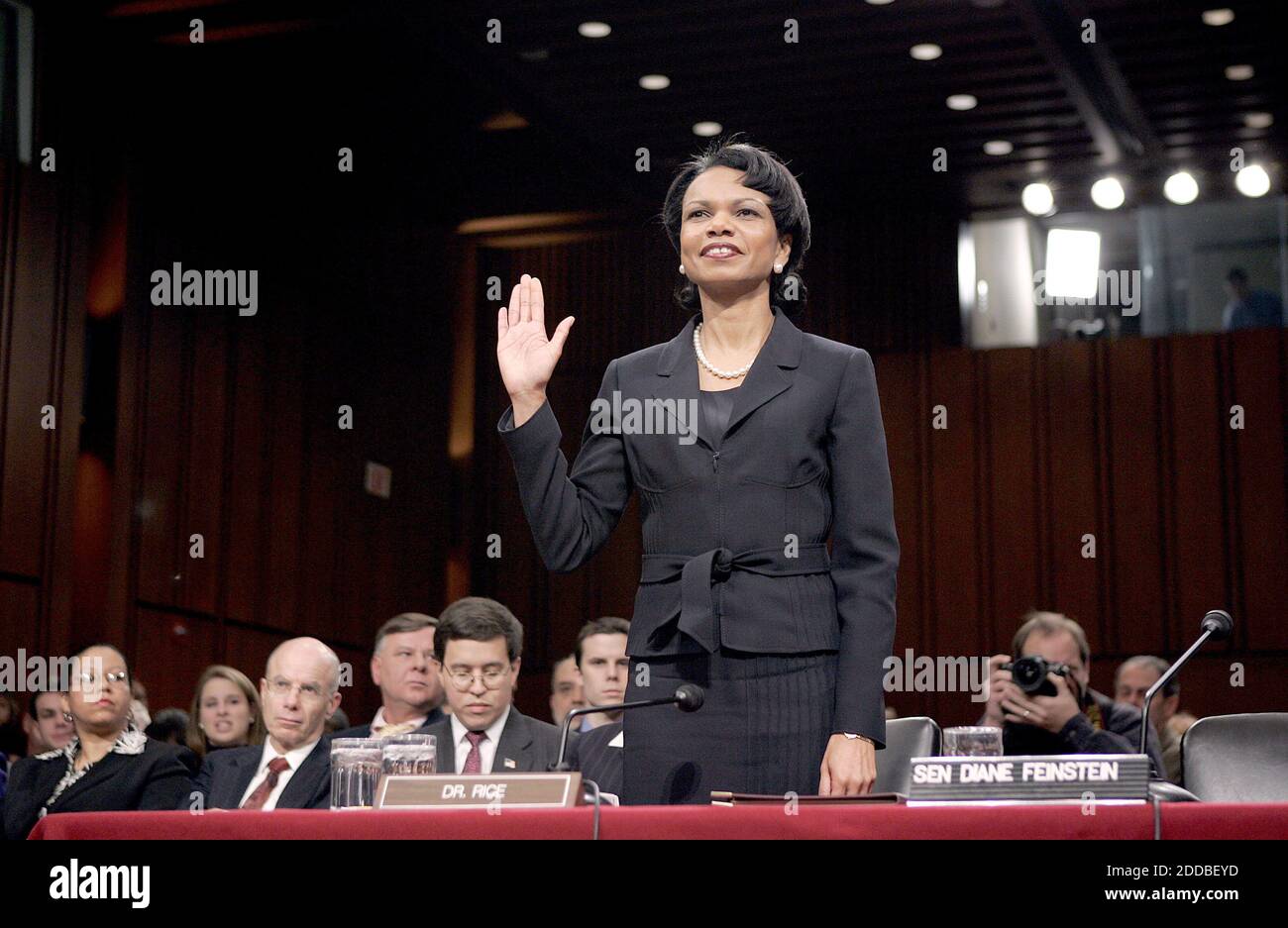 NO FILM, NO VIDEO, NO TV, NO DOCUMENTARY - Condoleezza Rice is sworn in before the Senate Foreign Relations Committee before her confirmation hearing at the Capitol in Washington DC, USA, on Tuesday, January 18, 2005, on her nomination by President George W. Bush to succeed Colin Powell as the Secretary of State. Photo by Chuck Kennedy/KRT/ABACA. Stock Photo