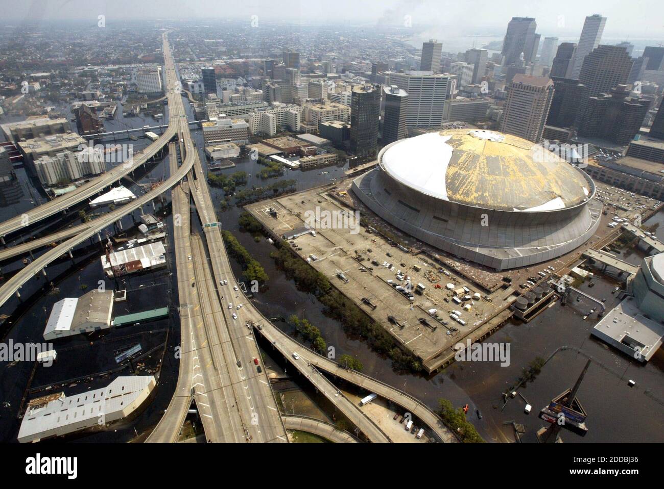 NO FILM, NO VIDEO, NO TV, NO DOCUMENTARY - The latest view Saturday, September 3, 2005, over the Superdome in New Orleans still show the massive flooding and roof damage the dome received during Hurricane Katrina. Photo by Nuri Vallbona/Miami Herald/KRT/ABACAPRESS.COM. Stock Photo