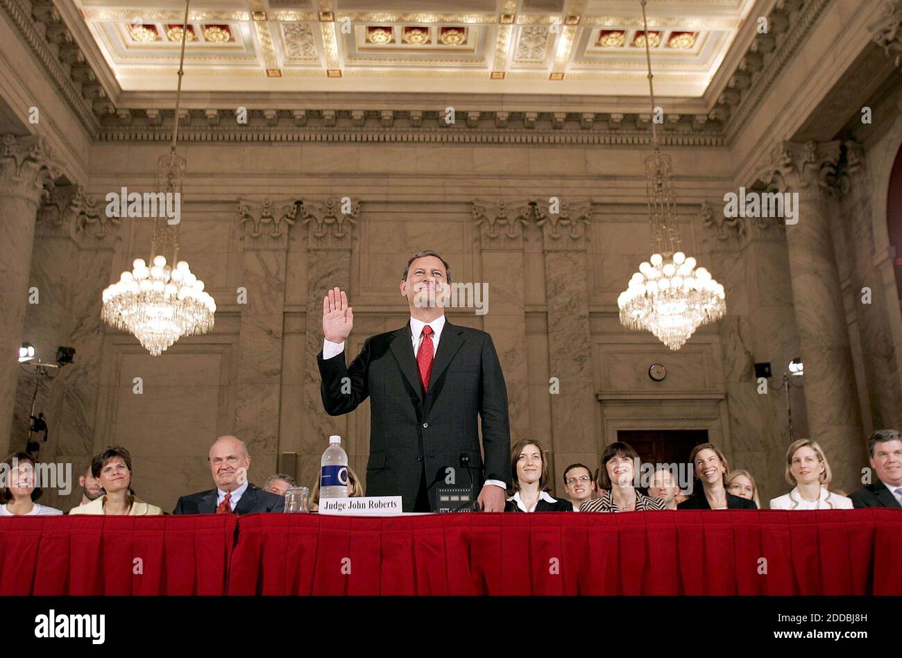 NO FILM, NO VIDEO, NO TV, NO DOCUMENTARY - John Roberts, nominee for Supreme Court Chief Justice of the United States, is sworn in before the Senate Judiciary Committee on Capitol Hill in Washington, DC, USA, on September 12, 2005. The Senate began week-long confirmation hearings on the nomination of star jurist Roberts to be the next US Supreme Court chief justice, Pesident George W. Bush's first shot at reshaping the high court to reflect his conservative views, following the death of William Rehnquist 03 September. Photo by Chuck Kennedy/KRT/ABACAPRESS.COM Stock Photo