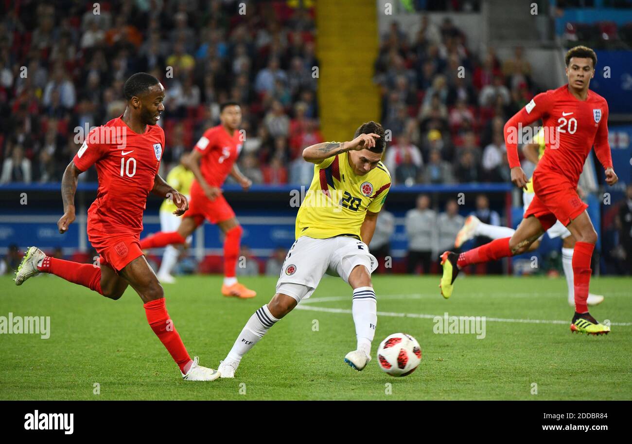 England’s Raheem Sterling, Colombia’s Juan Fernando Quintero and England’s Dele Alli during the 1/8 final game between Colombia and England at the 2018 FIFA World Cup in Moscow, Russia on July 3, 2018. Photo by Lionel Hahn/ABACAPRESS.COM Stock Photo