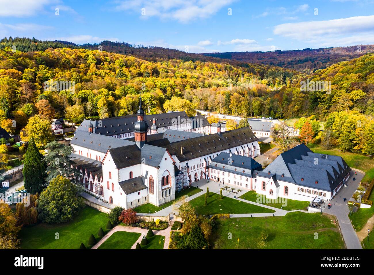 Eberbach Abbey surrounded with forests in Autumn Stock Photo