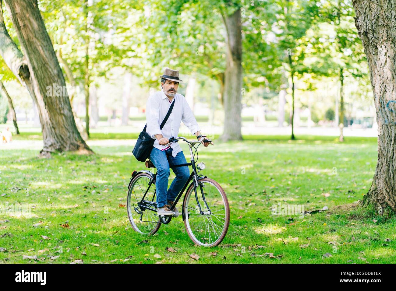 Mature man wearing hat cycling in park Stock Photo