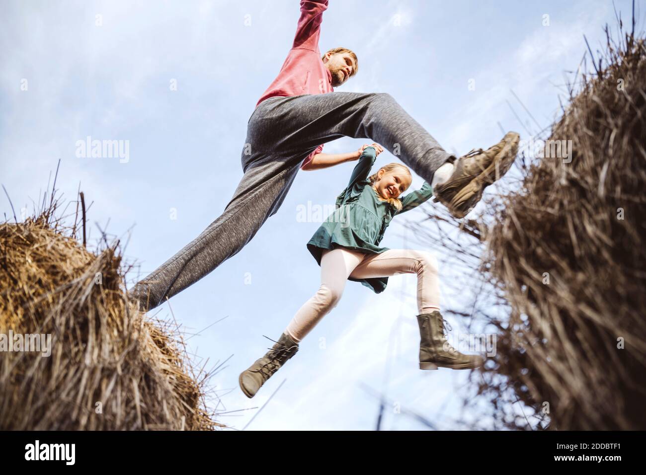 Father and daughter jumping over hay bales with excitement Stock Photo