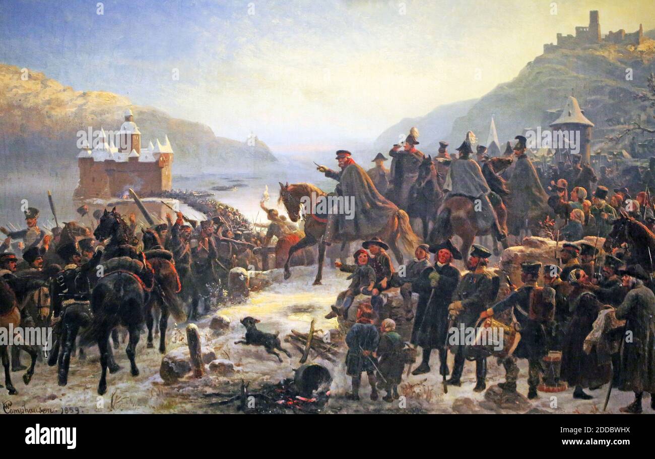WILHELM CAMPHAUSEN (1818-1885) German artist. This 1859 painting shows General Gebhard von Blücher and the First Army of Silesia crossing the Rhine near Kaub on 1 January 1814 in pursuit of the French army. Stock Photo