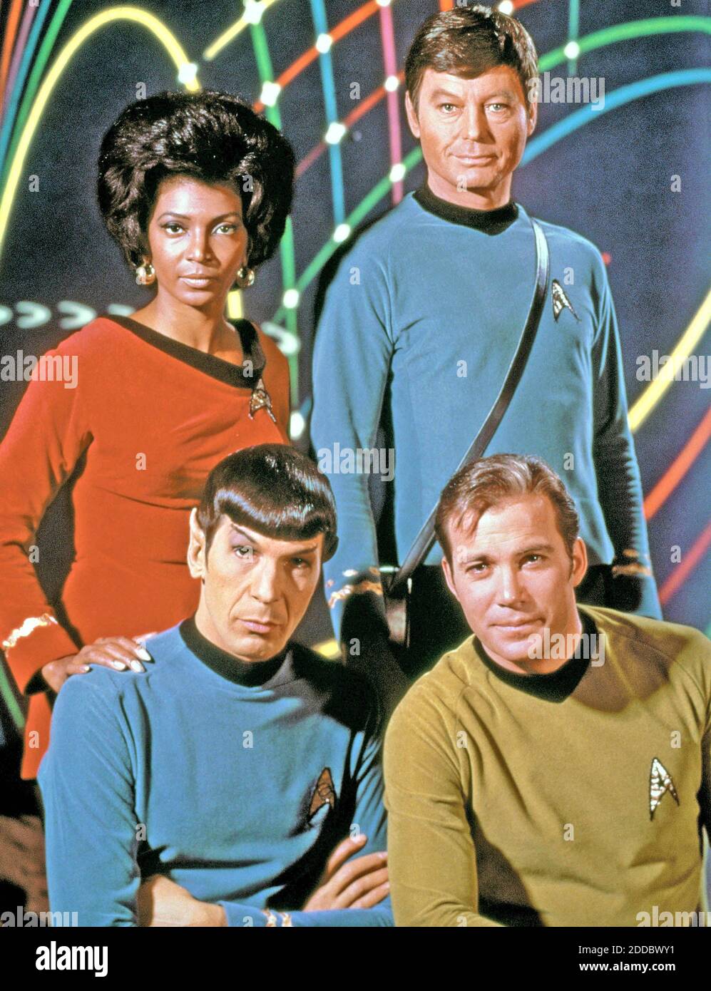 NO FILM, NO VIDEO, NO TV, NO DOCUMENTARY - File photo : In this photograph, part of the original cast of 'Star Trek' includes Nichelle Nichols, top left, DeForest Kelley, top right, Leonard Nimoy, bottom left, and William Shatner. The World famous TV Show 'Star Trek' will be 40 years old on September 8, 2006. US actor Leonard Nimoy, who played Mr Spock in the cult sci-fi series Star Trek, has died at the age of 83 in Los Angeles, his family has said. His son, Adam, said he died of end-stage chronic obstructive pulmonary disease on Friday morning. Photo by MCT/ABACAPRESS.COM Stock Photo