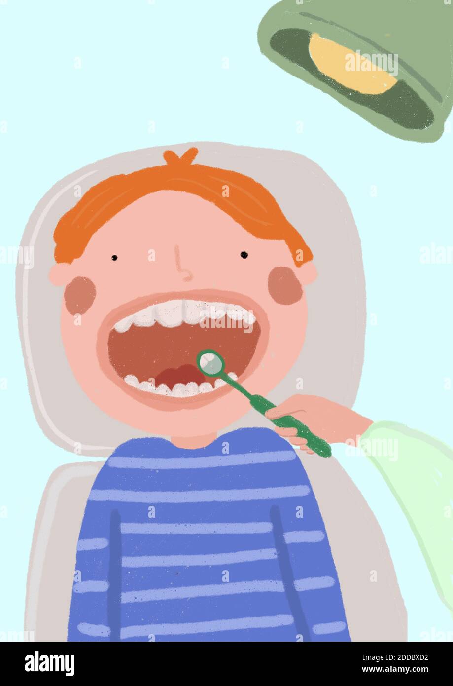 Clip art of boy during exam at dentists office Stock Photo