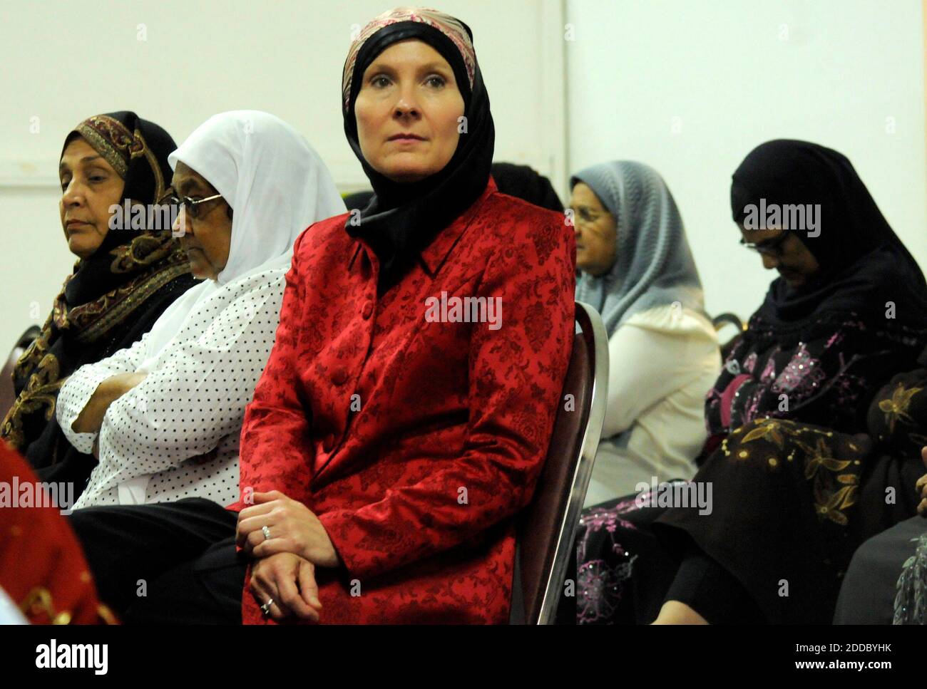 NO FILM, NO VIDEO, NO TV, NO DOCUMENTARY - For many Muslim Americans, it has meant a decade of suspicion, if not outright fear of being singled out. 'I know people are looking at me. I know people are thinking things,' said Karen Shah, 51, a Davie, Florida, mom photographed at Darul Uloom Institute in Pembroke Pines, Florida, USA, before Jummah prayer, who converted to Islam and has donned a head scarf since she made a pilgrimage to Mecca two years ago. Photo by Marice Cohn Band/Miami Herald/MCT/ABACAPRESS.COM Stock Photo