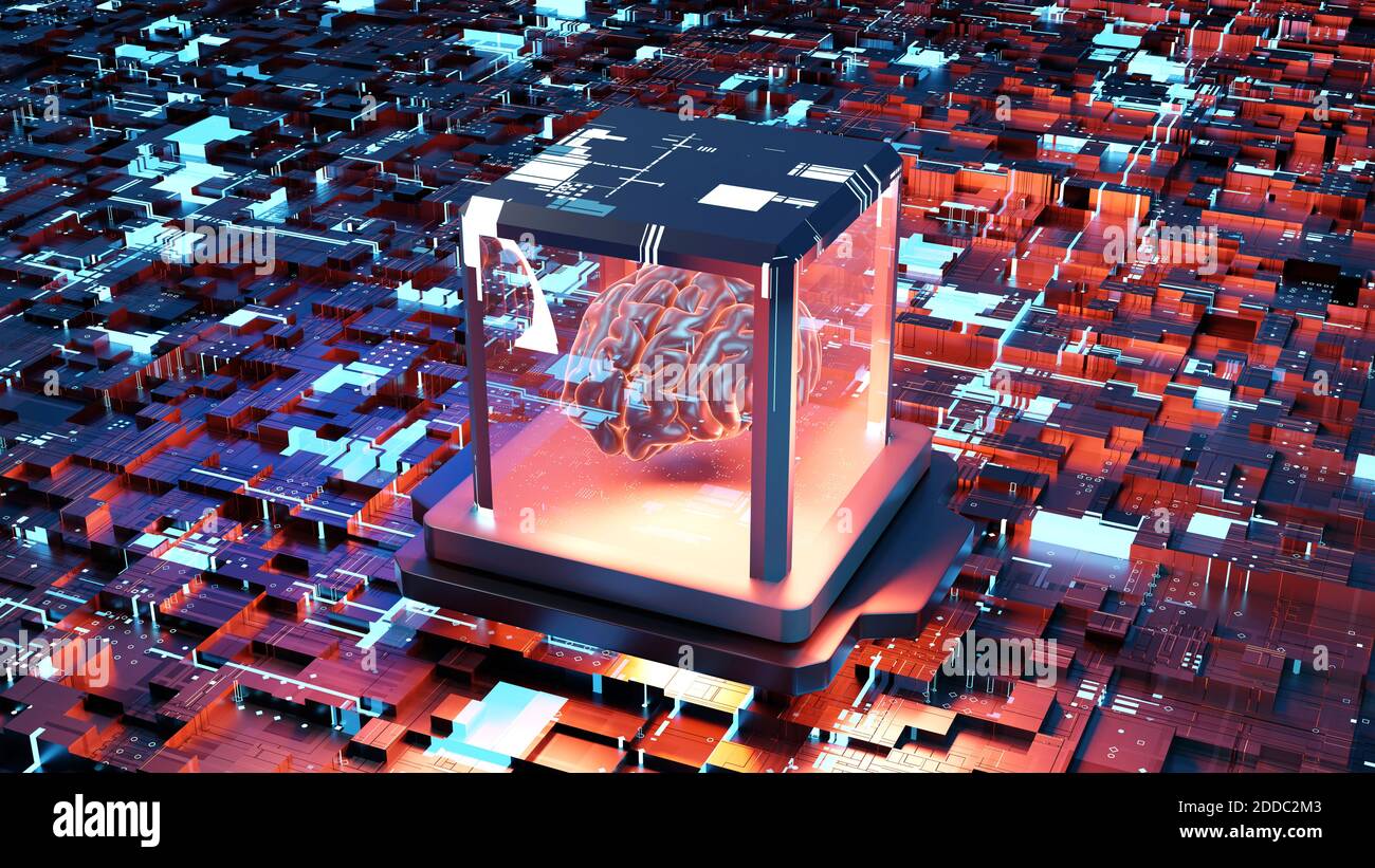 Illustration of three dimensional human brain in transparent container on circuit board Stock Photo