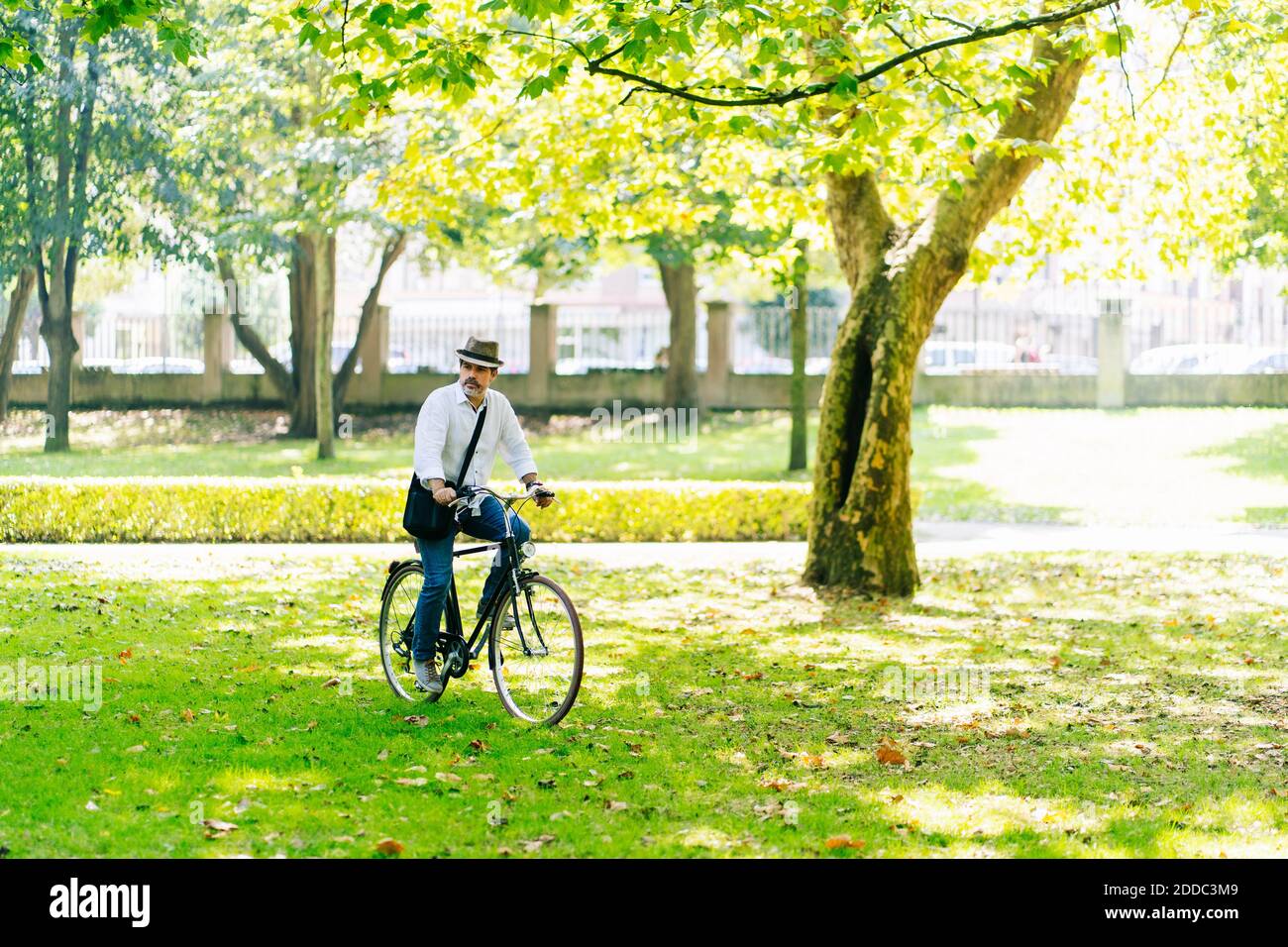 Mature man cycling on grass in park during sunny day Stock Photo