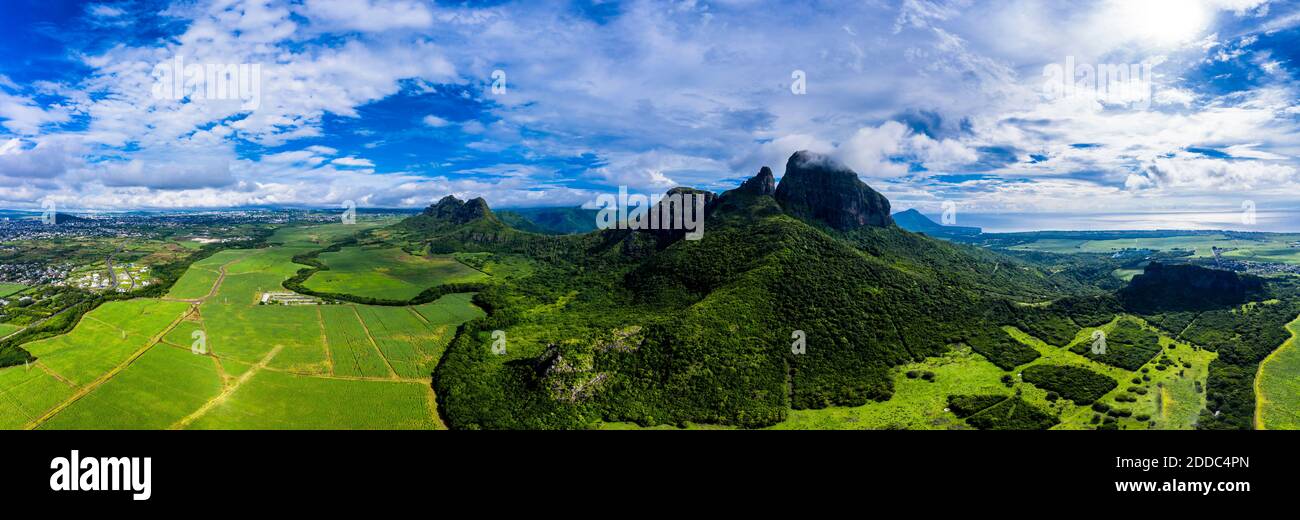 Mauritius, Black River, Helicopter view of Rempart Mountain and surrounding landscape in summer Stock Photo