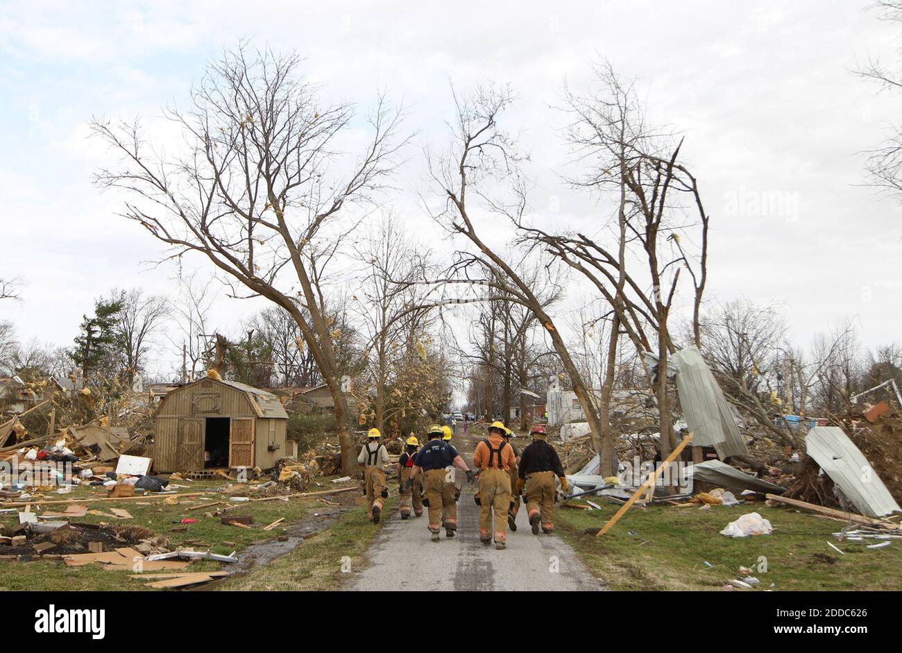 NO FILM, NO VIDEO, NO TV, NO DOCUMENTARY - Firefighters walk among the aftermath of a tornado that hit Harrisburg, Illinois, Wednesday, February 29, 2012. Photo by Laurie Skrivan/St. Louis Post-Dispatch/MCT/ABACAPRESS.COM Stock Photo