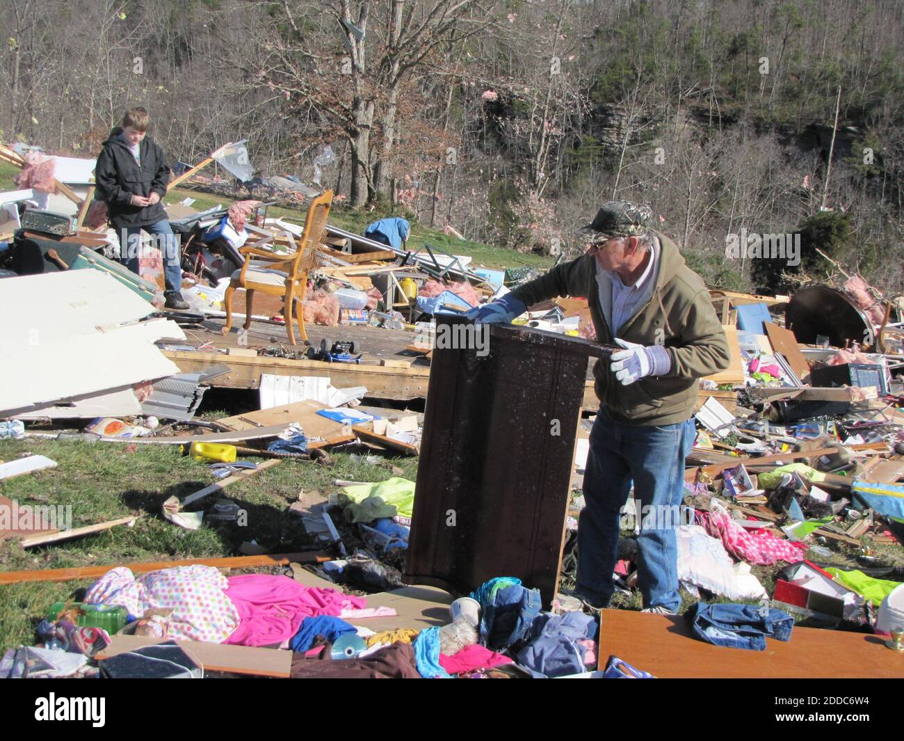 NO FILM, NO VIDEO, NO TV, NO DOCUMENTARY - Randall Chadwell attempts to salvage items on Saturday, March 3, 2012, from his mobile home, which was destroyed by a storm a day earlier in Laurel County, Kentucky. Photo by Bill Estep/Lexington Herald-Leader/MCT/ABACAPRESS.COM Stock Photo