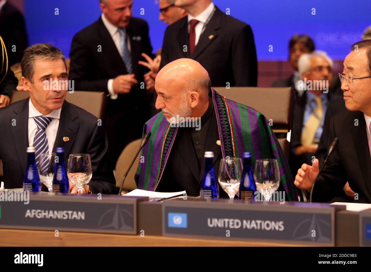 NO FILM, NO VIDEO, NO TV, NO DOCUMENTARY - NATO Secretary General Anders Fogh Rasmussen, right, Afghan President Hamid Karzai, center, and United Nations Secretary General Ban ki-moon, right, meet with NATO counterparts and other members who comprise the International Security Assistance Force in Afghanistan, Monday, May 21, 2012 in Chicago, Illinois, USA. Photo by Keri Wiginton/Chicago Tribune/MCT/ABACAPRESS.COM Stock Photo