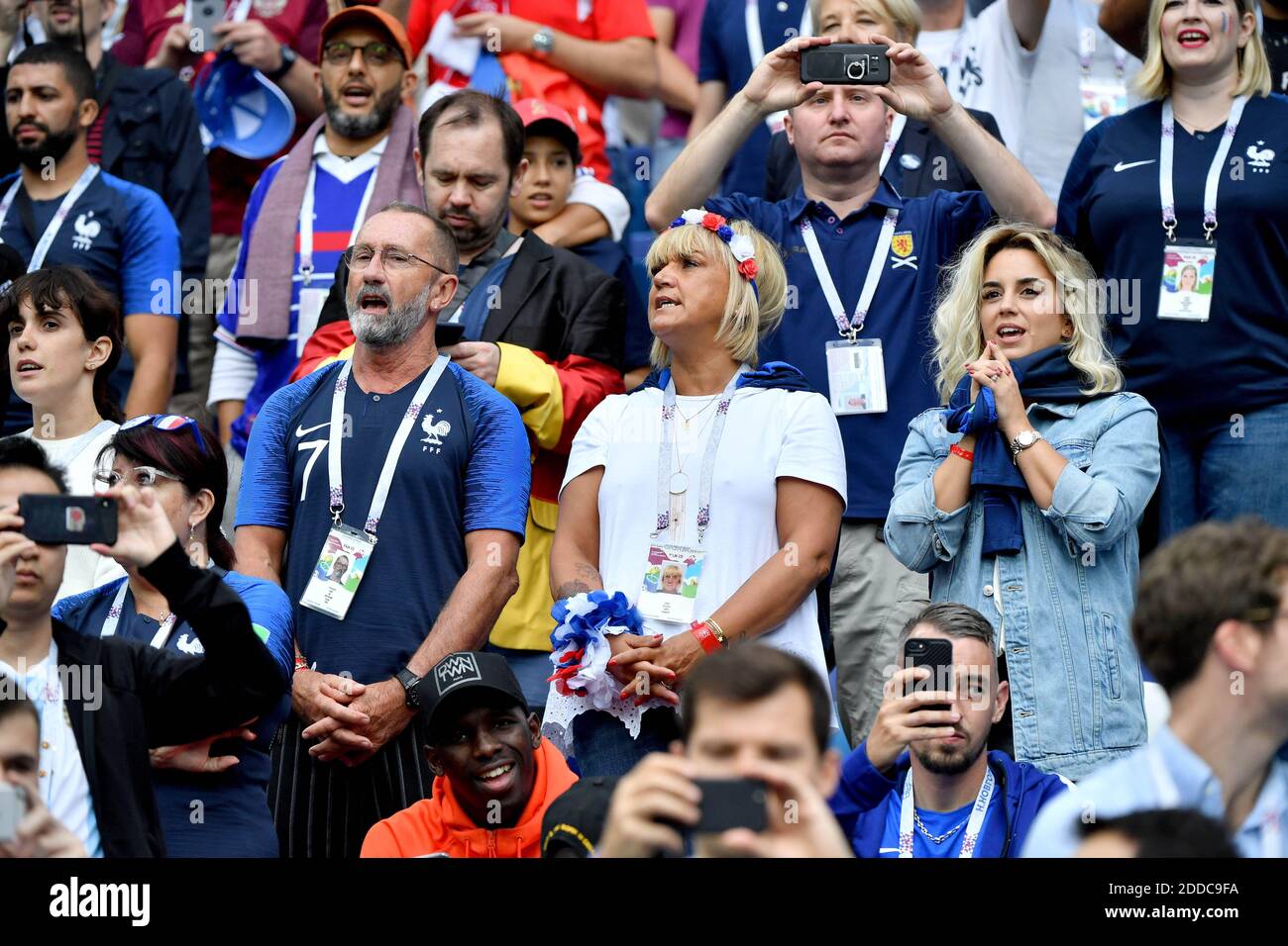 Alain Griezmann, Isabelle Griezmann, Maud Griezmann and Erika Choperena  attend the World Cup round of 8 game between France and Uruguay on July 6,  2018 in Nizhny Novgorod, Russia. Photo by Lionel