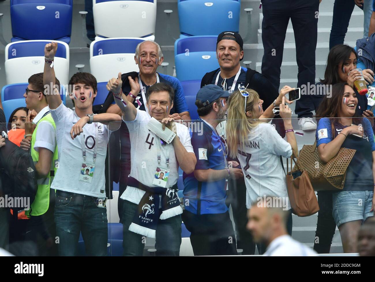 Dylan Deschamps and Bruno Solo attend the World Cup round of 8 game between France and Uruguay on July 6, 2018 in Nizhny Novgorod, Russia. Photo by Lionel Hahn/ABACAPRESS.COM Stock Photo