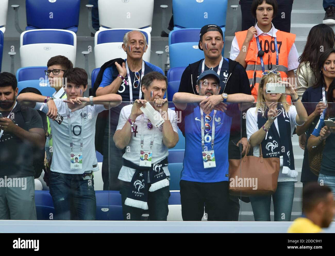Dylan Deschamps and Bruno Solo attend the World Cup round of 8 game between France and Uruguay on July 6, 2018 in Nizhny Novgorod, Russia. Photo by Lionel Hahn/ABACAPRESS.COM Stock Photo