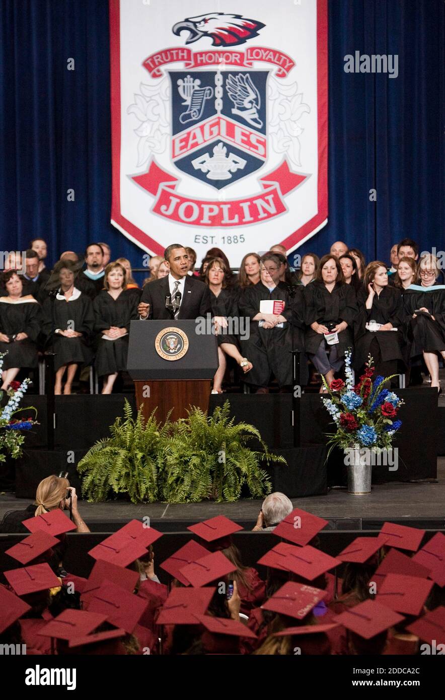 NO FILM, NO VIDEO, NO TV, NO DOCUMENTARY - President Barack Obama delivered his commencement speech during the Joplin High School Commencement Exercises for the Class of 2012 at the Missouri Southern State University Leggett & Platt Athletic Center on Monday, May 21, 2012, in Joplin, Missouri. President Barack Obama spoke at the event in commemoration of the one year anniversary of the city being struck by an EF-5 tornado. Photo by Shane Keyser/Kansas City Star/MCT/ABACAPRESS.COM Stock Photo