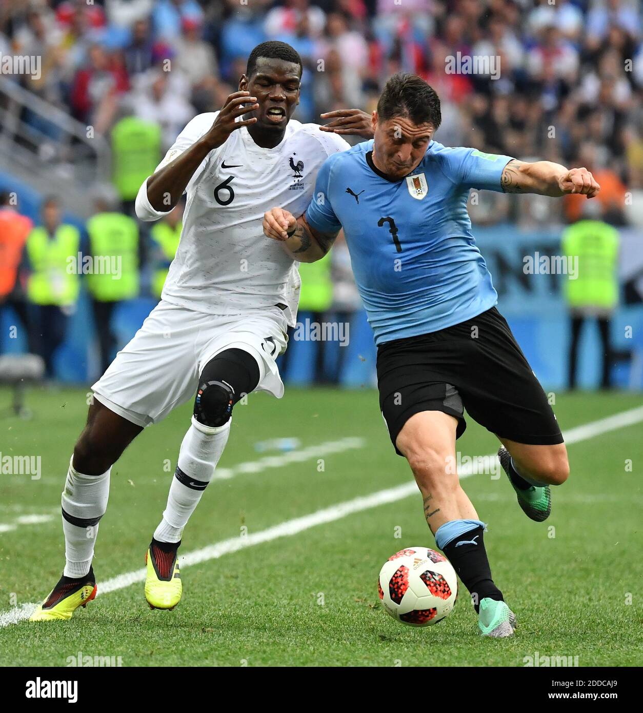 France's Paul Pogba and Uruguay's Cristian Rodriguez during the FIFA World Cup 2018 Round of 8 France v Uruguay match at the Nizhny Novgorod Stadium Russia, on July 6, 2018. France won 2-0. Photo by Christian Liewig/ABACAPRESS.COM Stock Photo