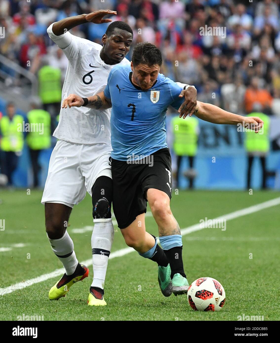 France's Paul Pogba and Uruguay's Cristian Rodriguez during the FIFA World Cup 2018 Round of 8 France v Uruguay match at the Nizhny Novgorod Stadium Russia, on July 6, 2018. France won 2-0. Photo by Christian Liewig/ABACAPRESS.COM Stock Photo