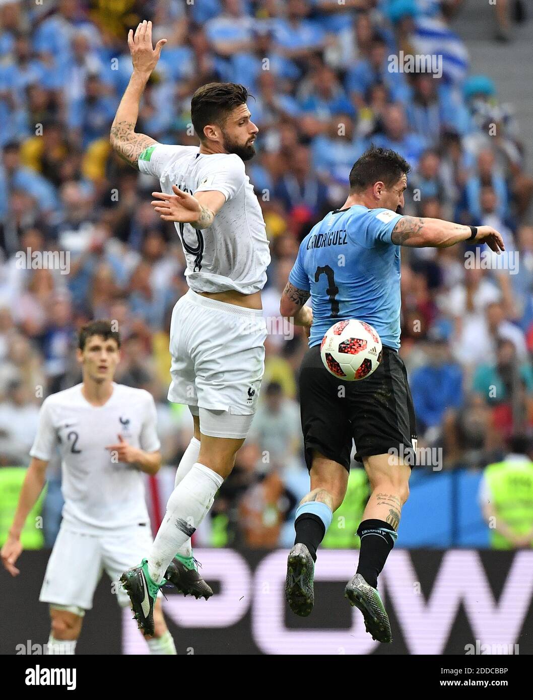 France's Olivier Giroud and Uruguay's Cristian Rodriguez during the FIFA World Cup 2018 Round of 8 France v Uruguay match at the Nizhny Novgorod Stadium Russia, on July 6, 2018. France won 2-0. Photo by Christian Liewig/ABACAPRESS.COM Stock Photo