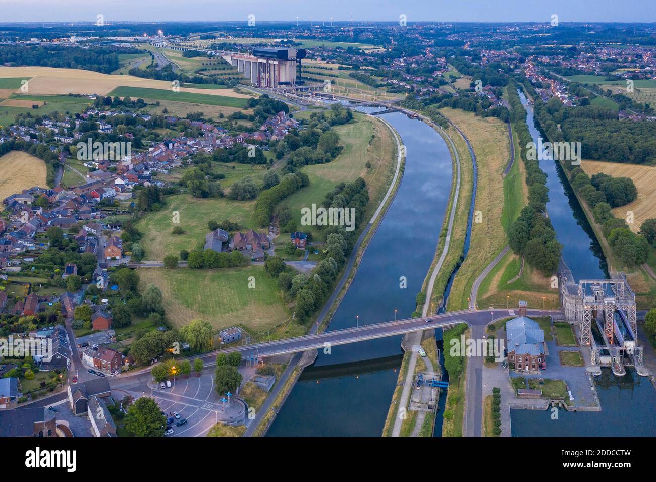 Belgium, Hainaut Province, Aerial view of historical boat lift on Canal du Centre with Strepy-Thieu lift in background Stock Photo