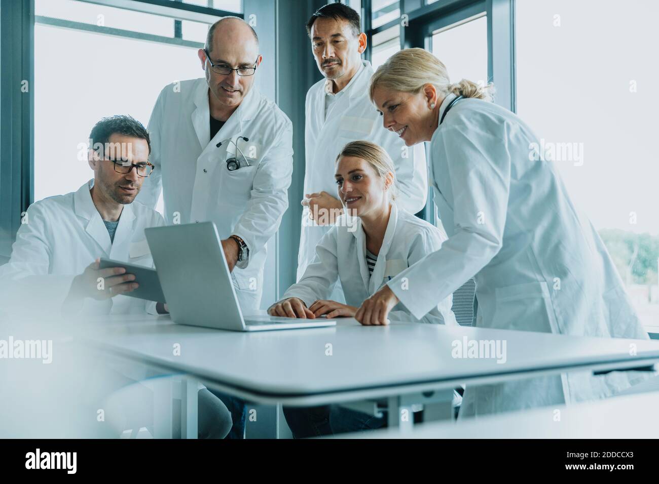 Team of doctors and scientist using laptop while working at office Stock Photo