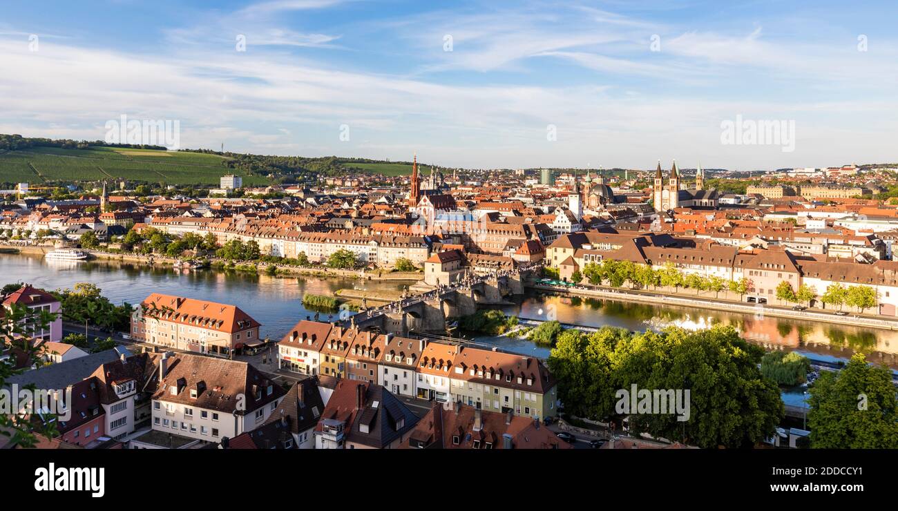 Germany, Bavaria, Wurzburg, Panorama of Alte Mainbrucke and surrounding buildings Stock Photo